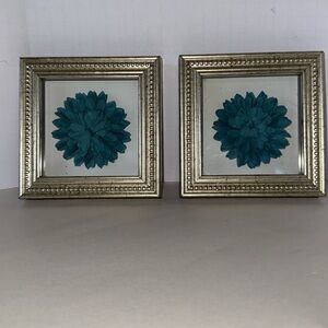 Two Teal Floral Wall Art Shadowboxes  in Gold Frames 5.5”x5.5”